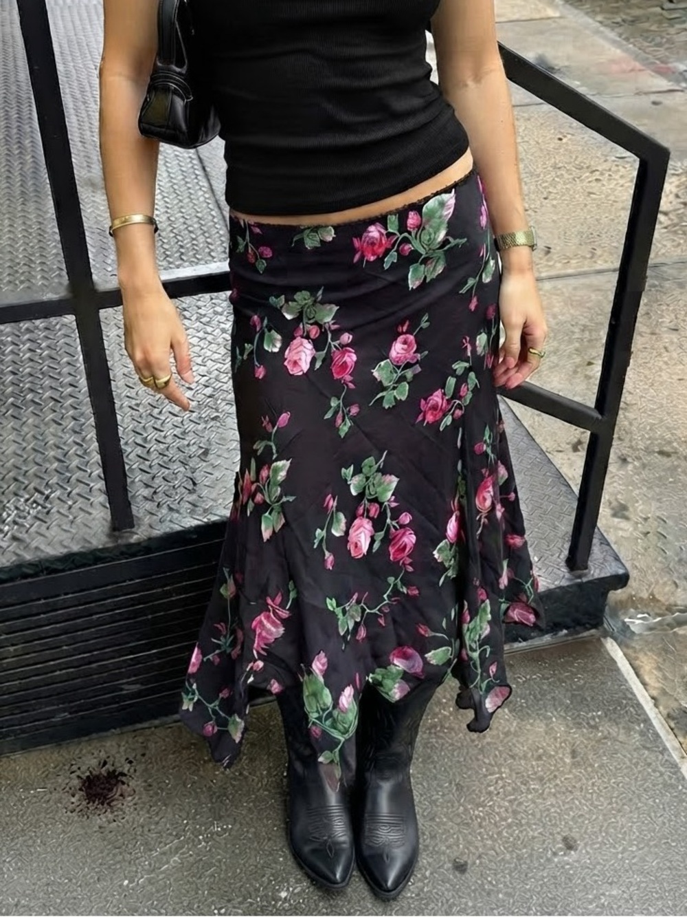 Vintage Black Floral Midi Skirt with Pink Rose Print Size S